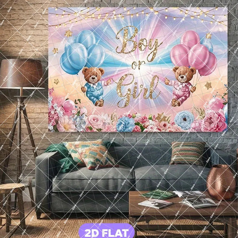 A framed poster featuring a boy or girl theme with balloons and teddy bears against a pink and blue background.