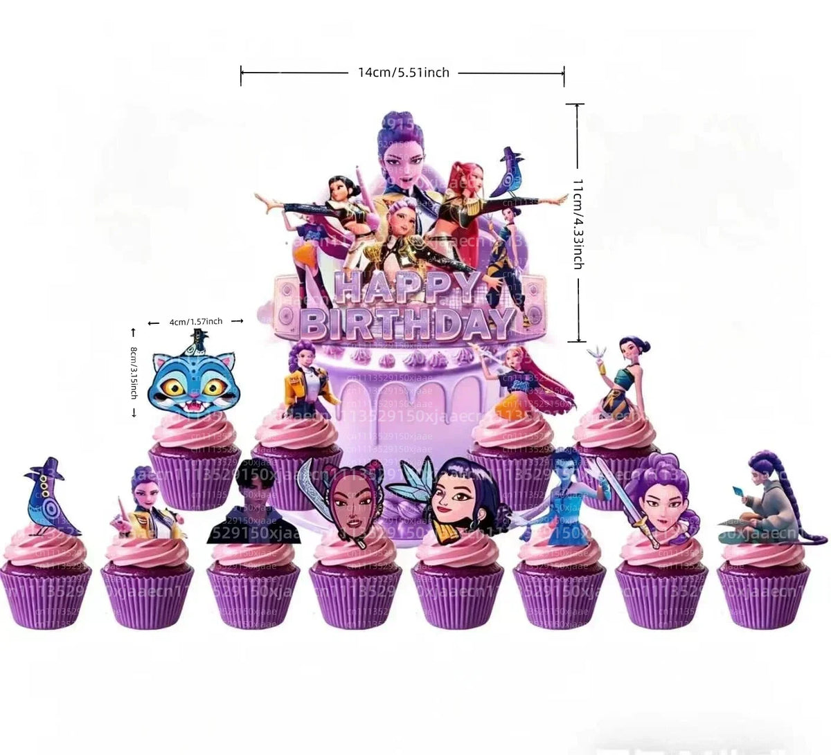 A set of anime hunter girl cake toppers featuring various characters in purple and pink colors.
