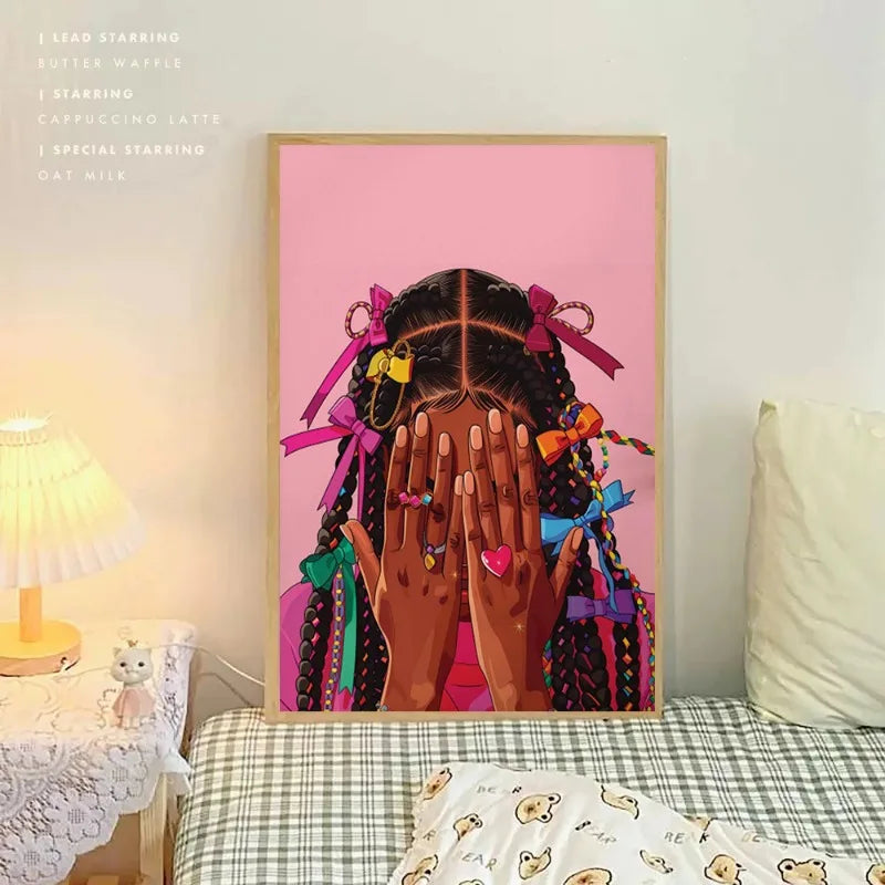A painting depicting a woman's hands covering her face, adorned with gold jewelry and vibrant hair accessories.