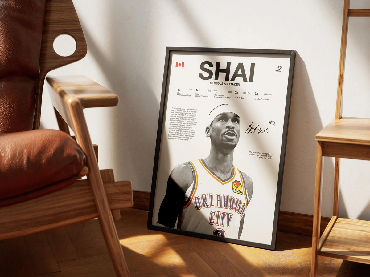 A framed canvas wall art featuring a portrait of a basketball player in a Chicago Bulls jersey.