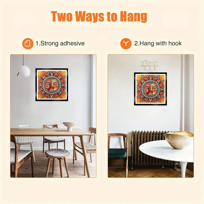 Two ways to hang diamond painting frames: using strong adhesive or hanging with a hook.