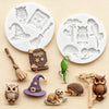 Silicone molds featuring Halloween themes like owls, witches, and bats for chocolate and candy