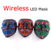 A set of three glowing LED masks featuring skull designs with red, blue, and green light patterns.