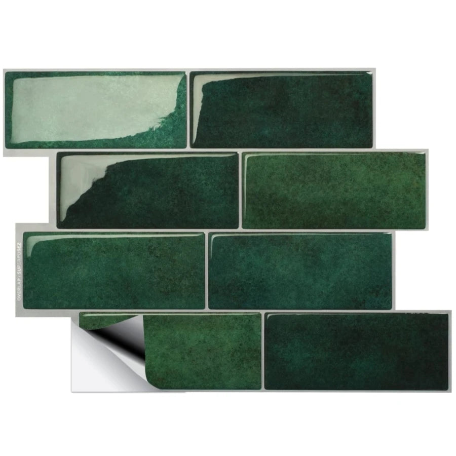 A rectangular mosaic of dark green peel and stick vinyl wall tiles.