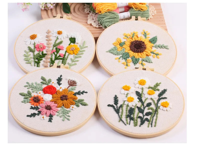 Punch needle embroidery kit featuring floral designs on stamped cloth and tools