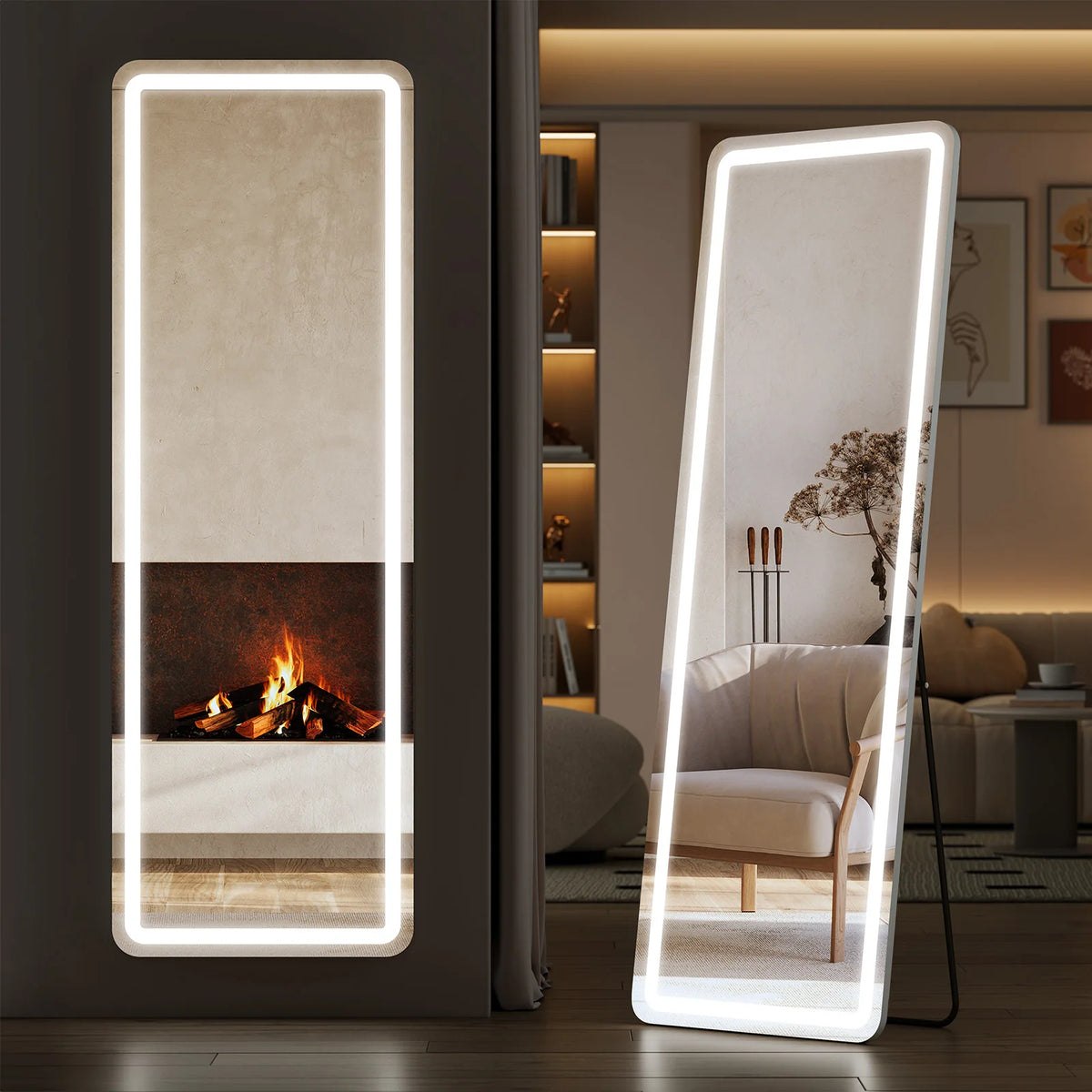 Miroir mural LED anti-éclats de grande taille avec cadre lumineux reflétant une cheminée et une pièce intérieure.