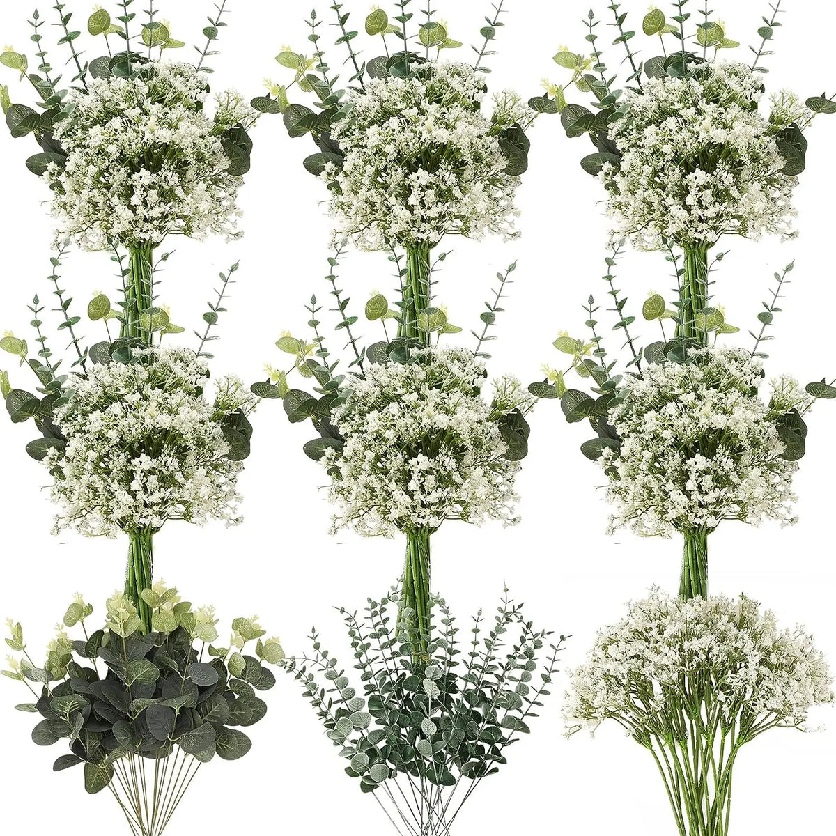 A collection of 30 mixed artificial stems featuring eucalyptus leaves and baby's breath flowers.