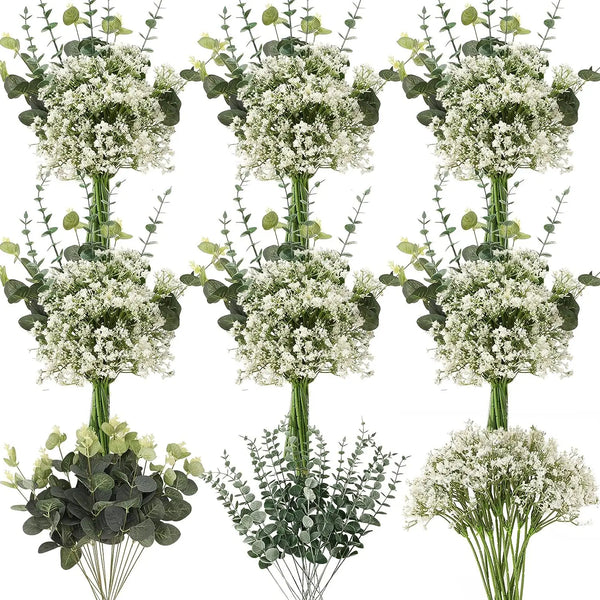 A collection of 30 mixed artificial stems featuring eucalyptus leaves and baby's breath flowers.