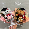 A handcrafted crochet flower bouquet featuring a teddy bear and various pink and yellow flowers in a light pink paper wrapper