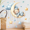Autocollant murale d'ours en peluche bleu clair et blanc, lumineux dans le noir, avec une lune et des nuages.