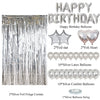 Silver foil fringe curtain and various silver balloons for a happy birthday decoration set