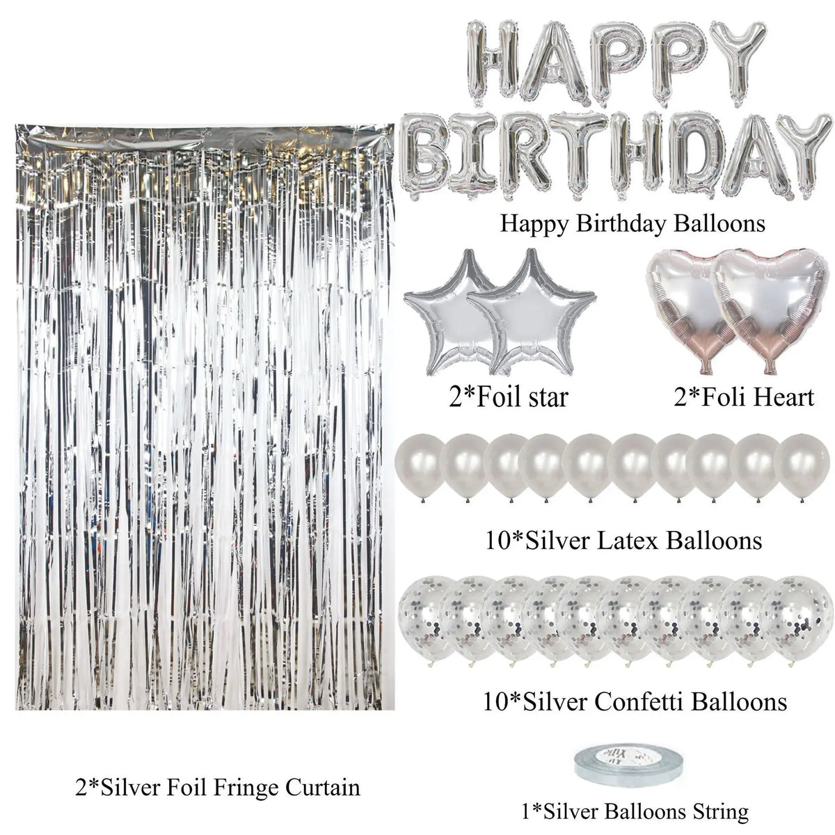Silver foil fringe curtain and various silver balloons for a happy birthday decoration set