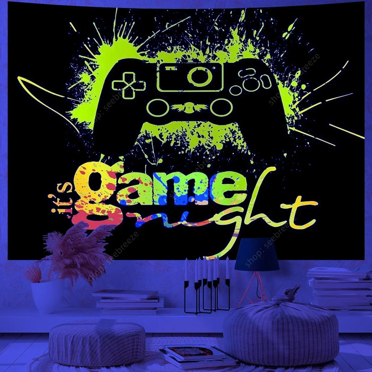 A dark background features a glowing yellow game controller graphic with bright green and purple splatter effects, set agains