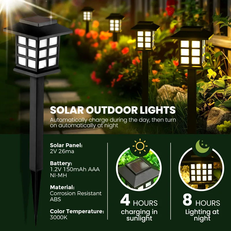 A black solar outdoor light fixture with a square panel, shown in a garden setting.