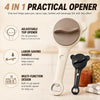 A white and black 4-in-1 practical opener tool with an adjustable grip shown next to a glass jar.