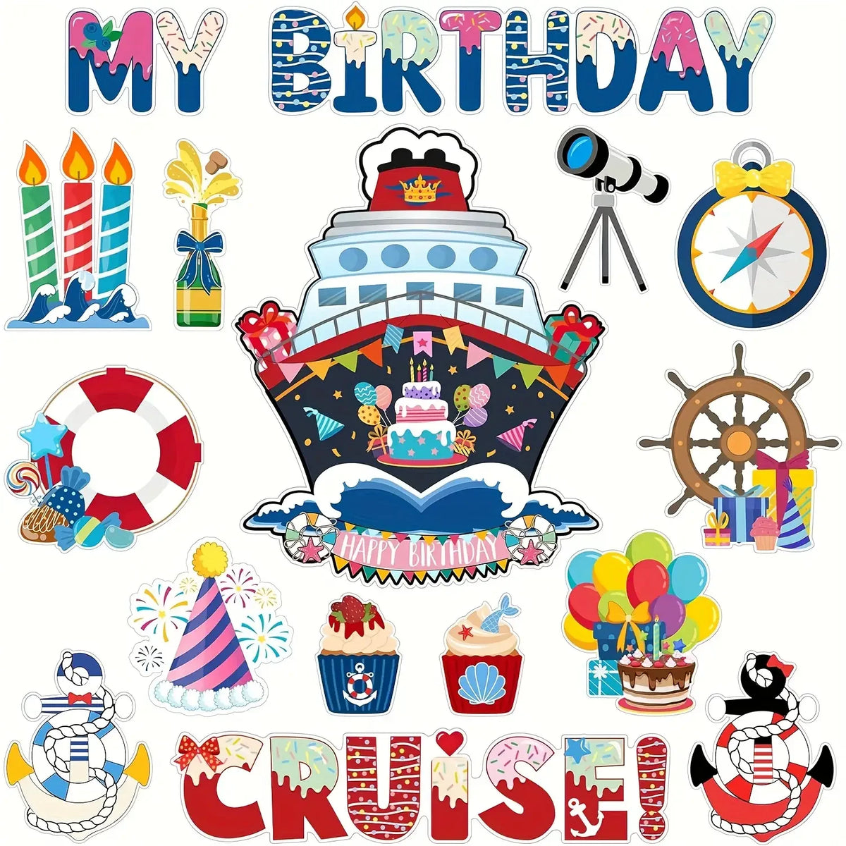 A set of 16 nautical magnets featuring birthday themes, including candles, ships, and cruise ship designs.