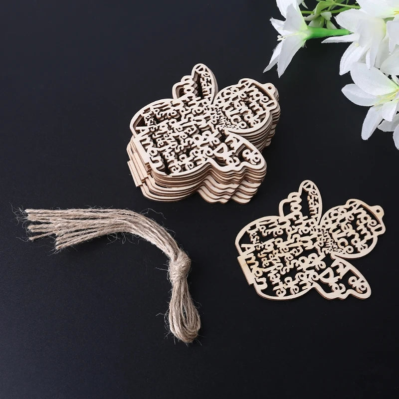 A set of twelve wooden angel ornaments cut from light wood with hemp rope attached.