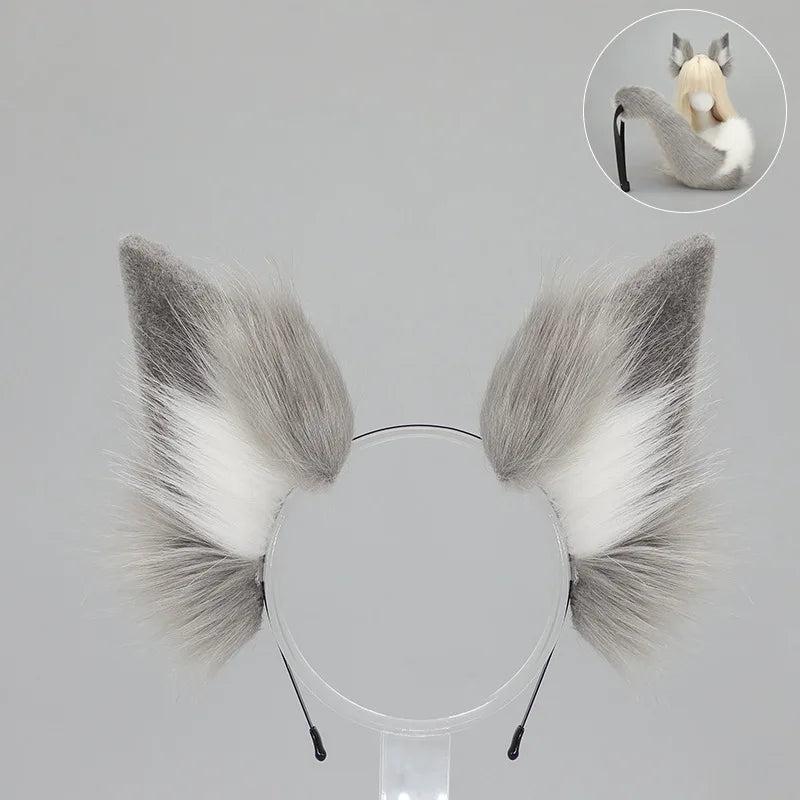 A set of faux fur fox tail and ear costume pieces shown against a gray background.