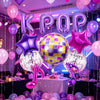 A purple and pink foil balloon set featuring the letters KPOP and a large iridescent sphere for a party decoration.