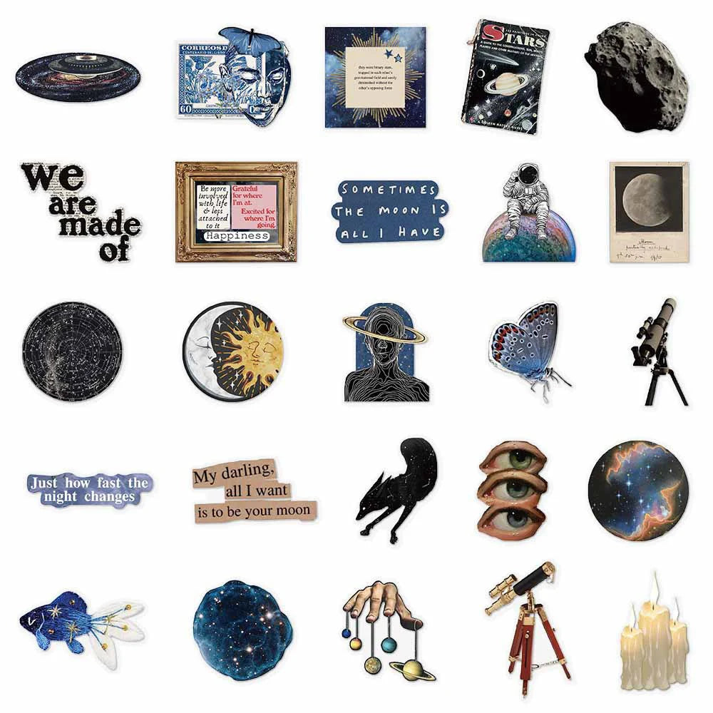 A collection of retro space astronomy decals featuring various celestial bodies and cosmic themes.