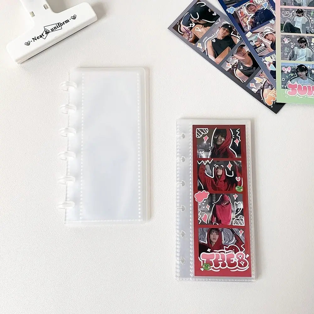 A transparent photocard album featuring a collage of photos with a mushroom hole design.