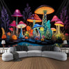 A dark tapestry featuring glowing mushrooms and plants under UV light, displayed above a modern sofa.
