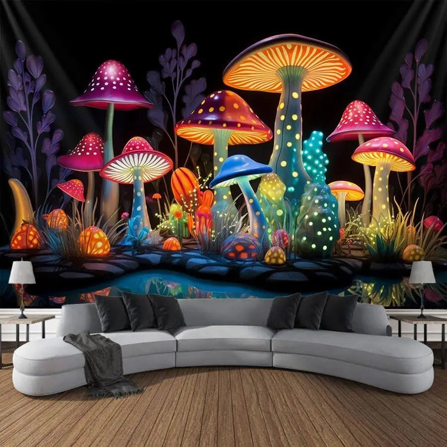 A dark tapestry featuring glowing mushrooms and plants under UV light, displayed above a modern sofa.