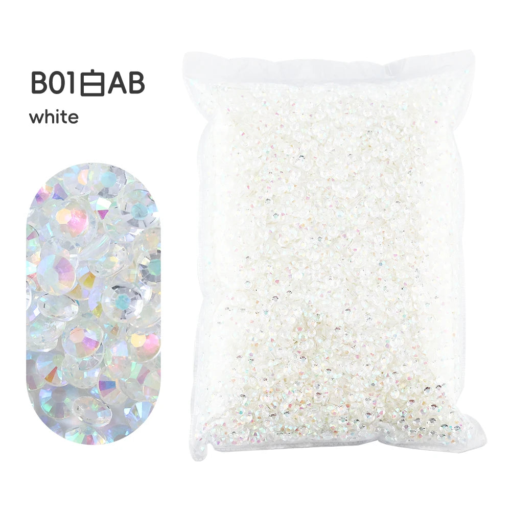 White resin rhinestones in a clear bag for crafting