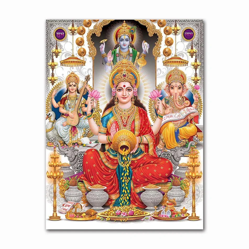 Golden Ganesha canvas art print featuring Shiva and Parvati in a divine depiction.