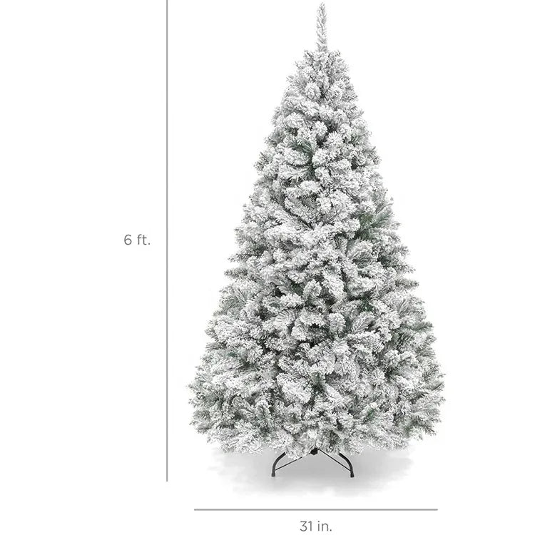 A flocked artificial Christmas tree with realistic snowy branches shown standing upright.