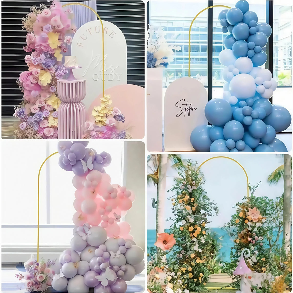 Elegant gold metal wedding arch stand with a backdrop frame decorated with pink and purple balloons and floral elements.