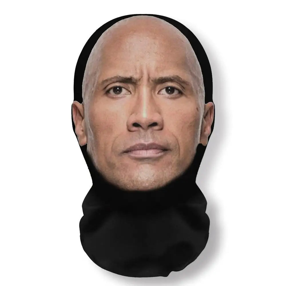 A realistic 3D printed horror balaclava mask worn by a man with a shaved head.