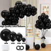 A collection of black latex balloons in various sizes and a balloon garland arch kit.