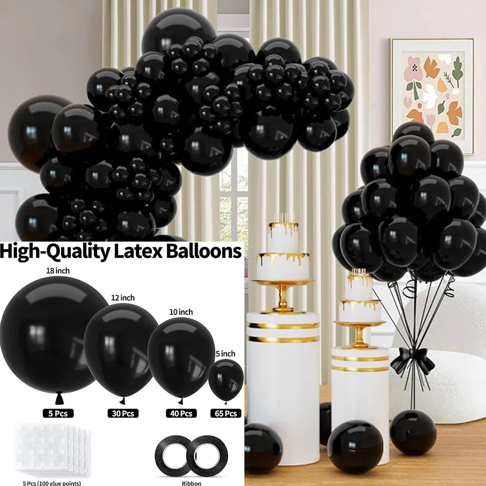A collection of black latex balloons in various sizes and a balloon garland arch kit.