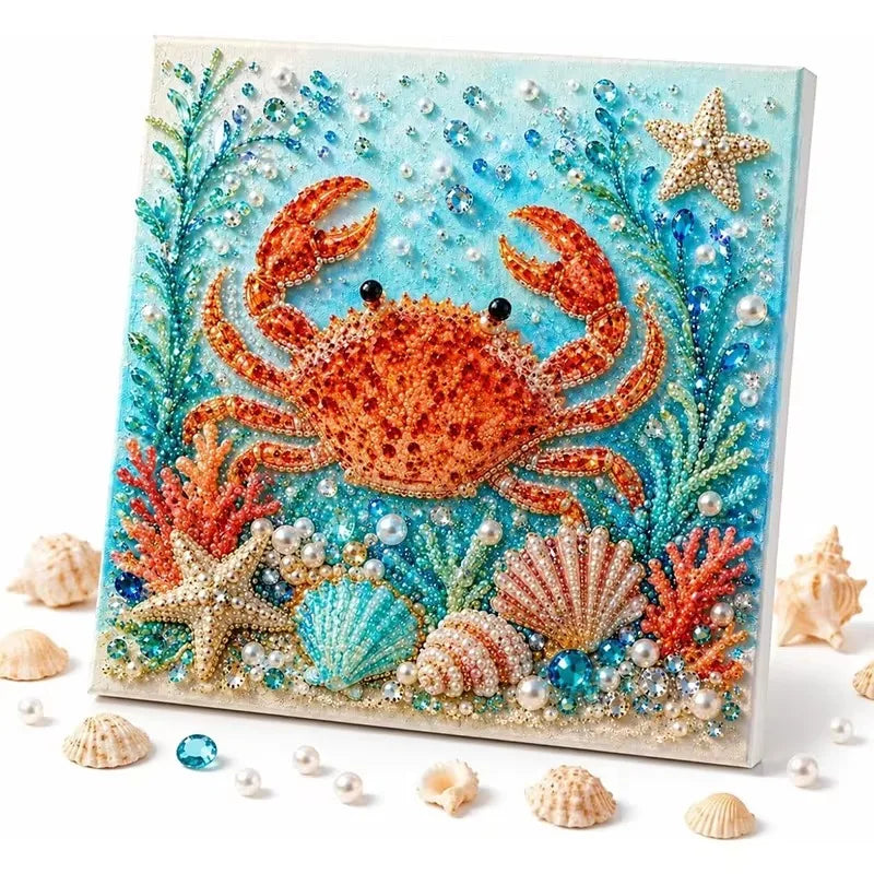 Diamond painting kit featuring an orange octopus and various sea creatures on a blue background with pearls