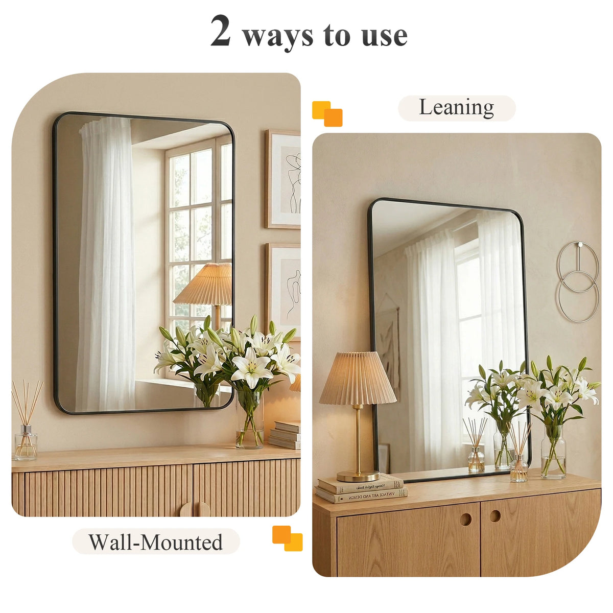 Two ways to use a modern wall mirror with a metal frame: leaning against a wooden cabinet or mounted on the wall.