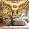 Golden tapestry featuring a majestic archangel Michael with large feathered wings hanging above a bed.