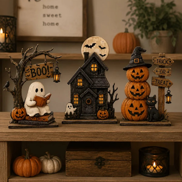 Halloween Spooky Decor Set – Ghost, Pumpkin & Black Cat Wooden Signs