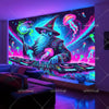A vibrant tapestry featuring a wizard, jellyfish, and cosmic colors illuminated by blacklight.