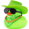 A bright green rubber duck shaped like a cowboy hat wearing sunglasses and a gold chain.