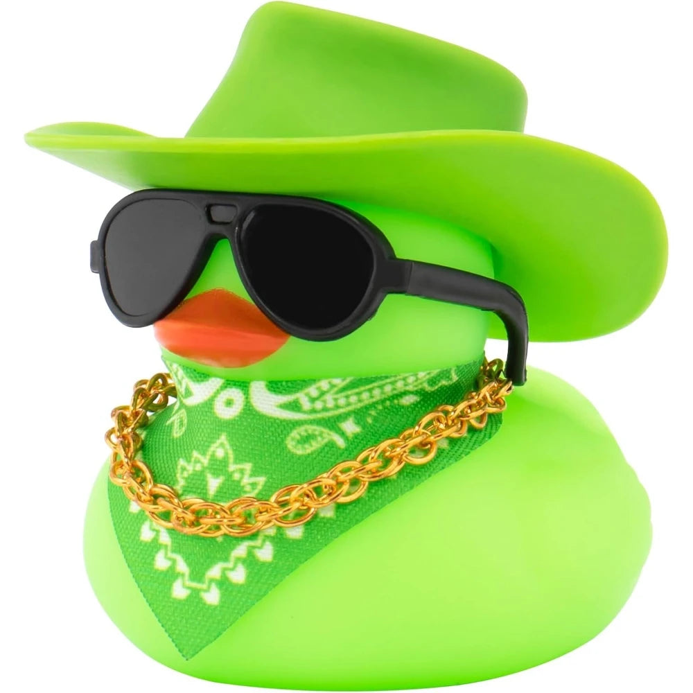 A bright green rubber duck shaped like a cowboy hat wearing sunglasses and a gold chain.