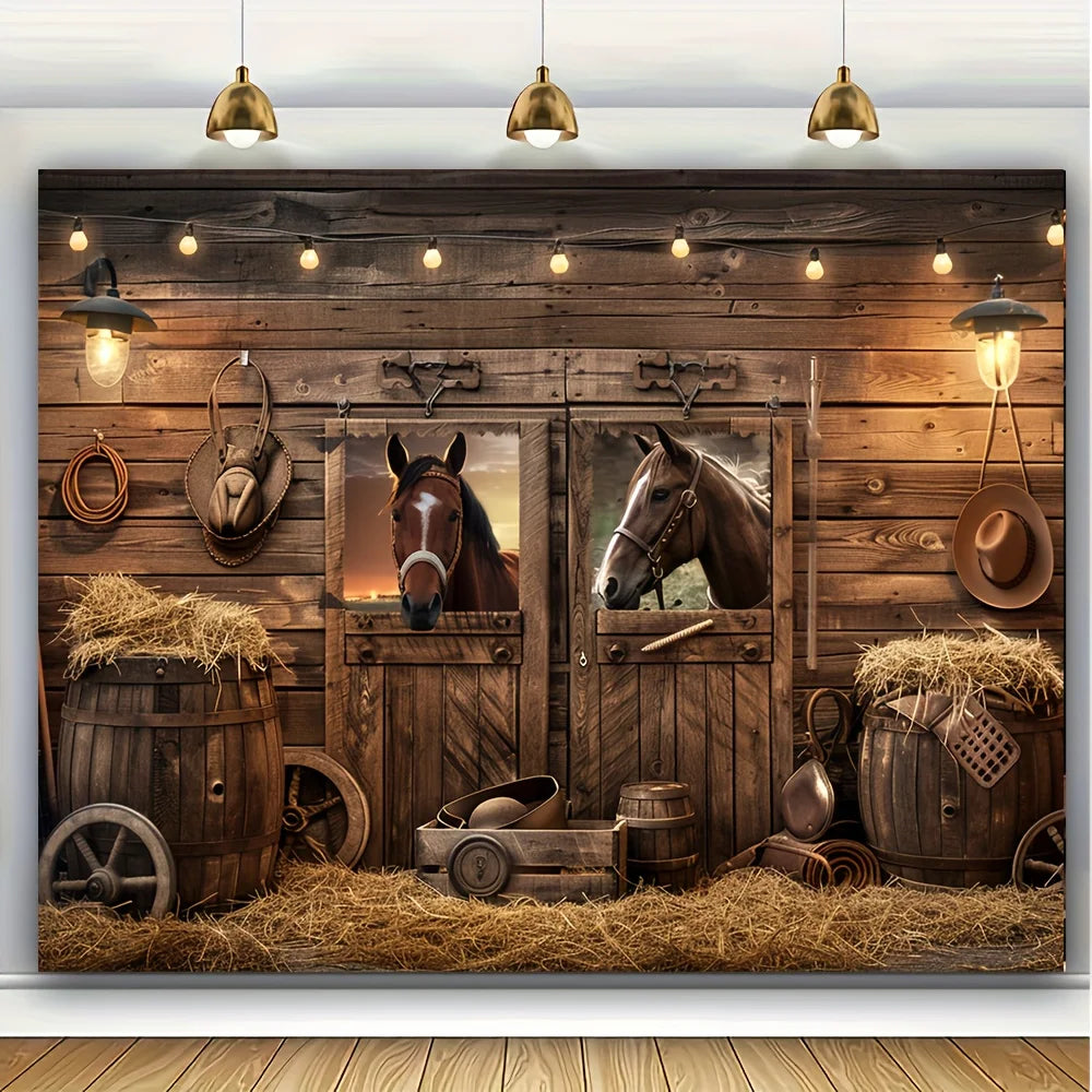 A rustic wooden barn door background featuring a cowboy theme with hay bales, barrels, and antique tools.
