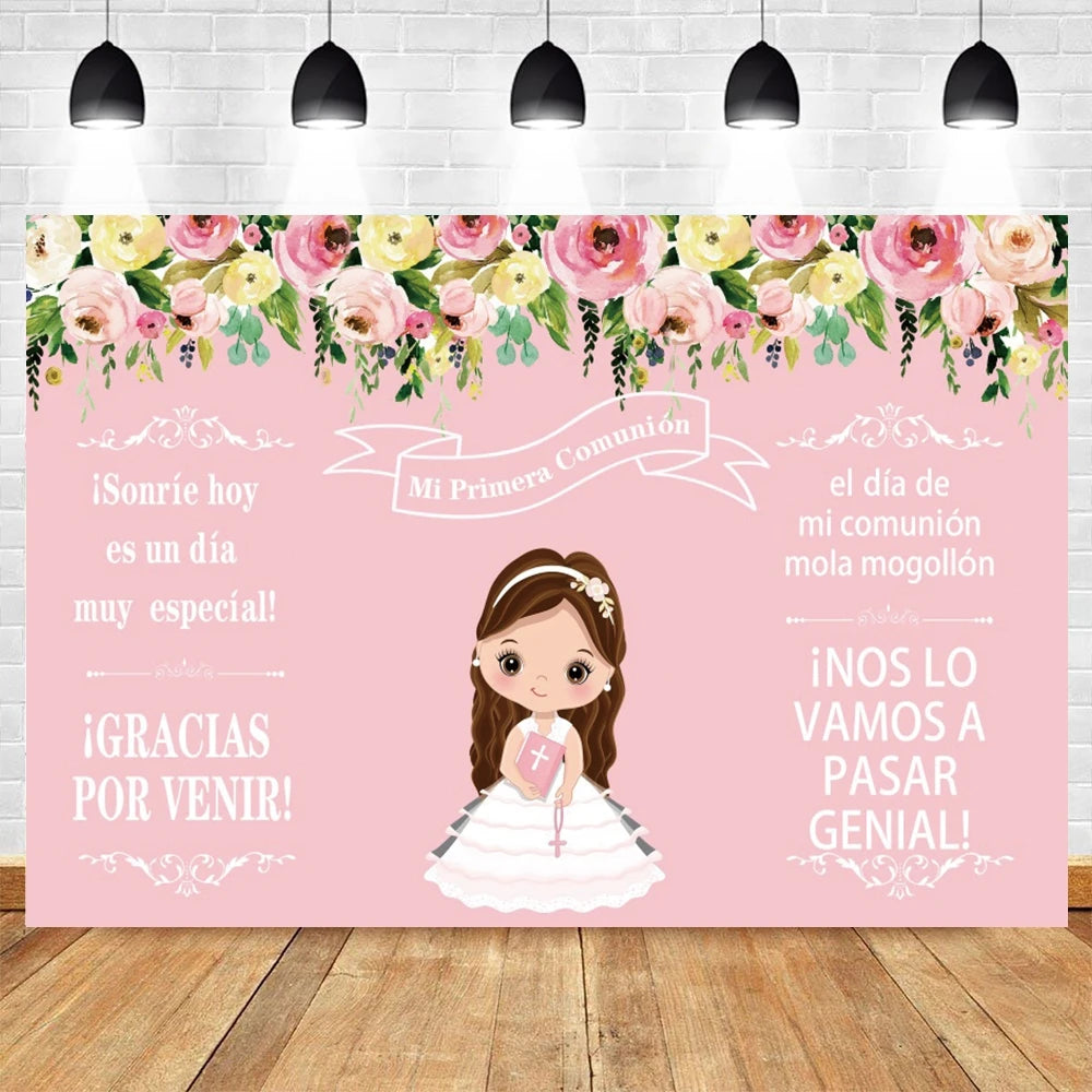 A pink and green floral backdrop for a First Communion celebration featuring a girl and decorative elements.