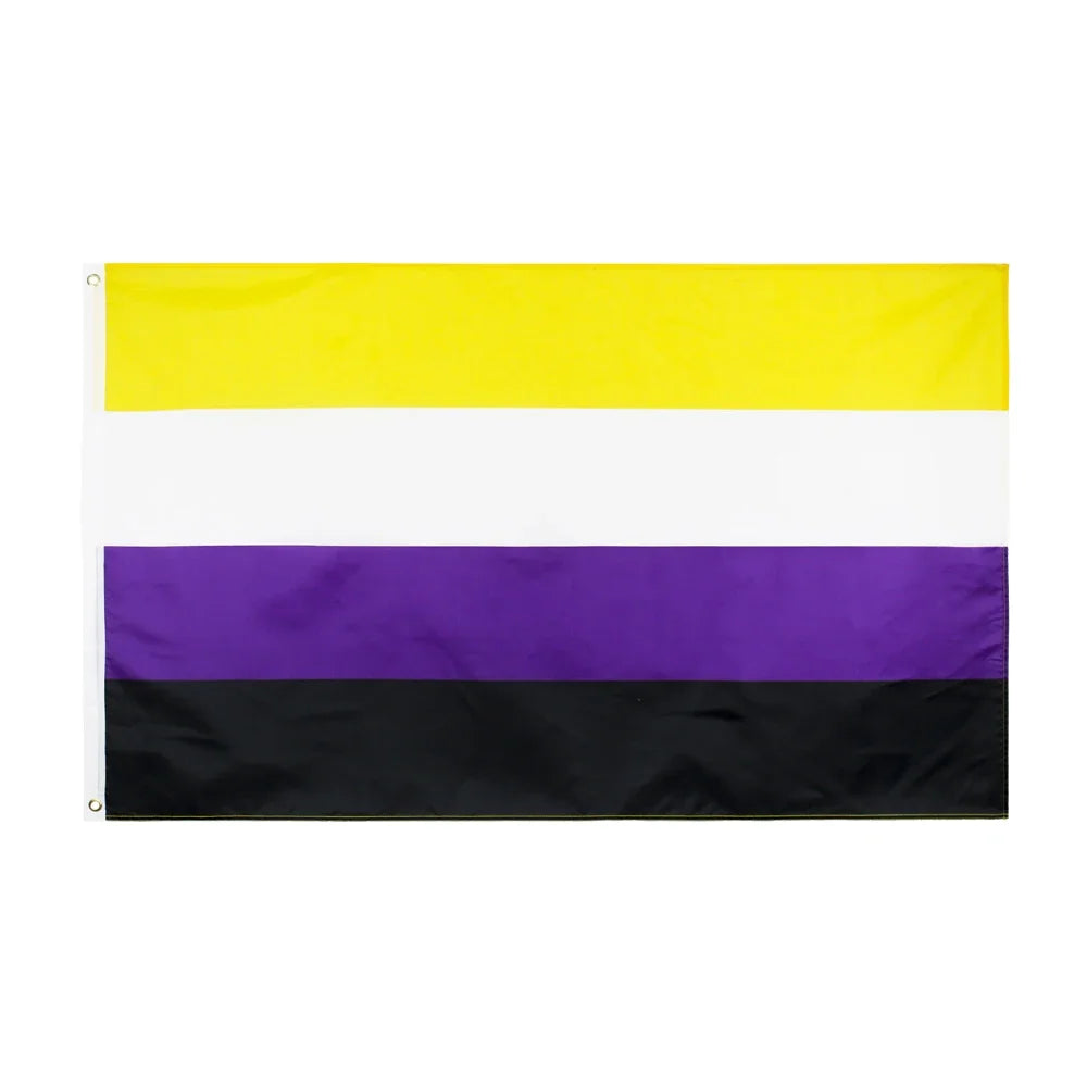A horizontal banner displaying the colors of the rainbow pride flag: yellow, white, purple, and black.