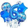 A set of navy and gold foil balloons shaped like the number six and a star for a birthday celebration
