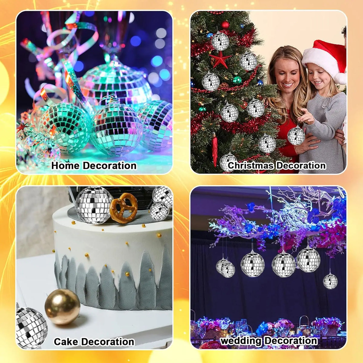 A classic mirror ball is shown with a hanging hook, used for home decoration.