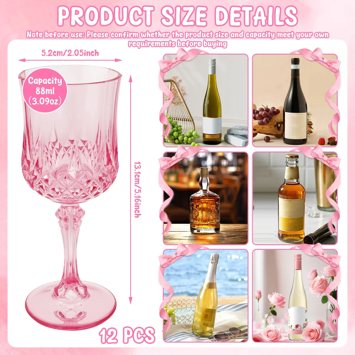 A set of 12 elegant pink plastic wine glasses with stems and saucers, shown next to various bottles.