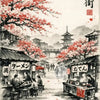 A traditional Japanese street scene featuring red cherry blossoms and people enjoying food in front of wooden stalls.
