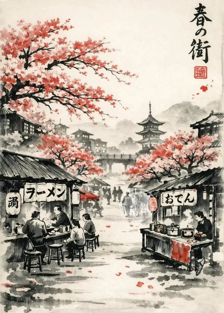 A traditional Japanese street scene featuring red cherry blossoms and people enjoying food in front of wooden stalls.