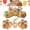 A collection of round balloons featuring capybara faces and various colors for a birthday party decoration kit.